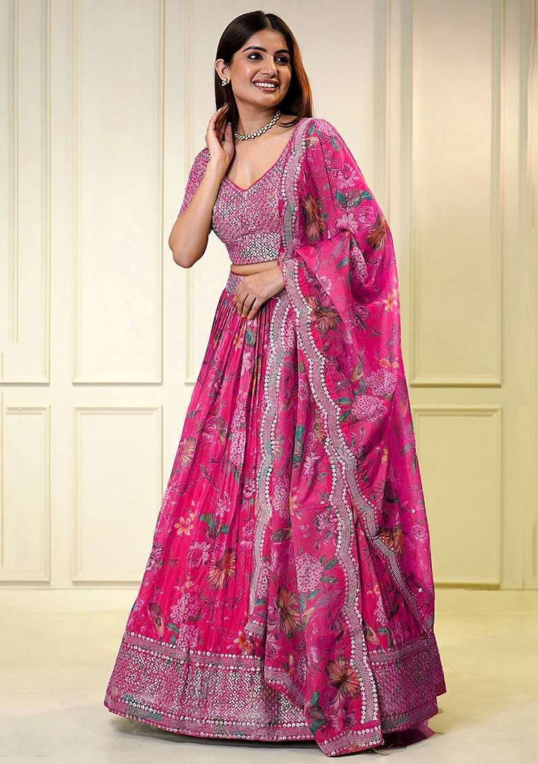 Pink Organza Lehenga Set with Embroidered & Sequin for Diwali | Wedding & Festive Wear - Indya
