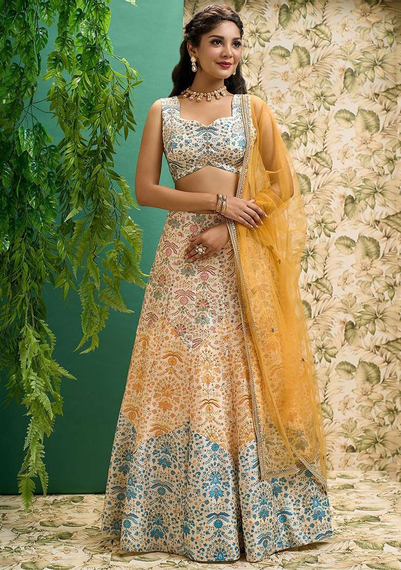 Multicolour Blend Art Silk Lehenga Set with Digital Print for Diwali | Wedding & Festive Wear - Indya