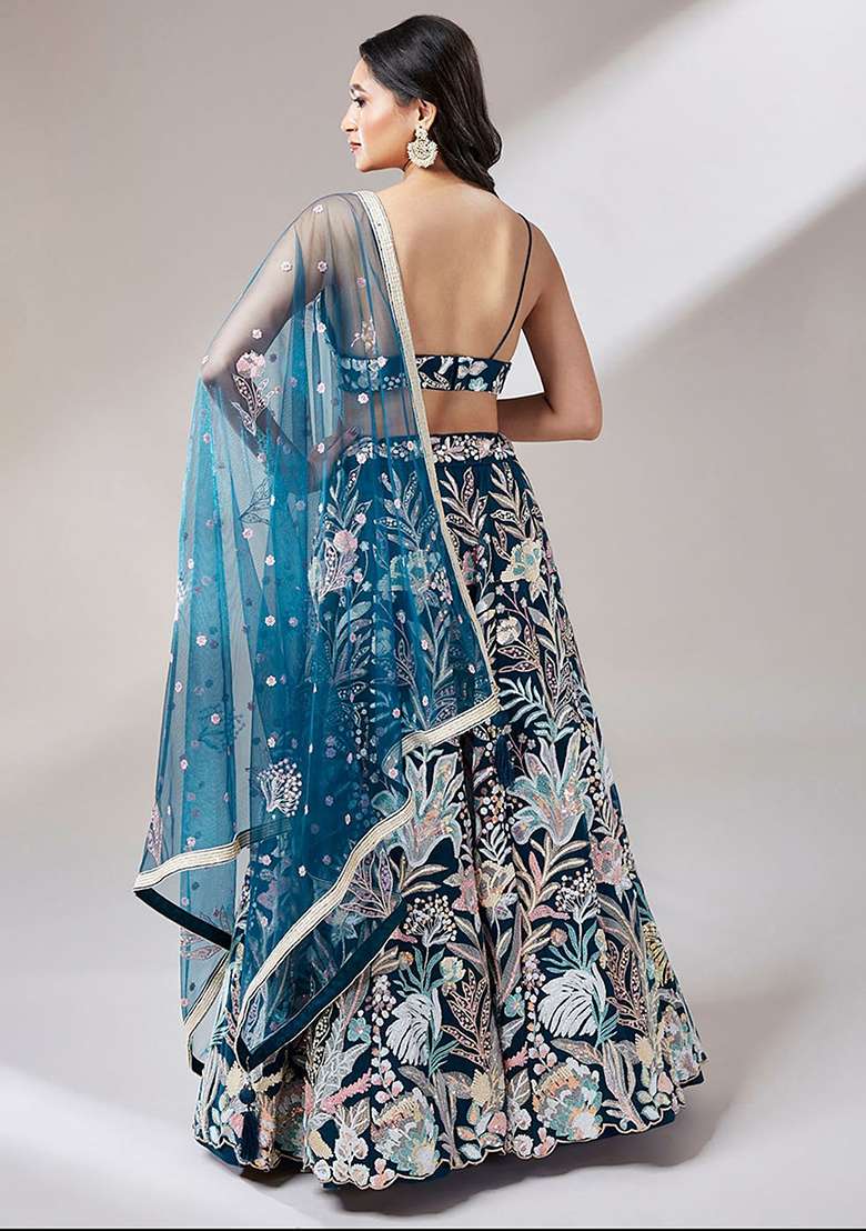 Blue Net Lehenga Set with Embroidered & Sequin for Diwali | Wedding & Festive Wear - Indya