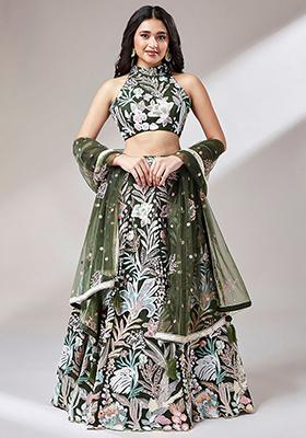 Green Sequin Embroidered Net Lehenga Set