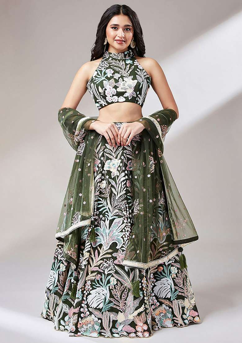 Green Net Lehenga Set with Embroidered & Sequin for Diwali | Wedding & Festive Wear - Indya