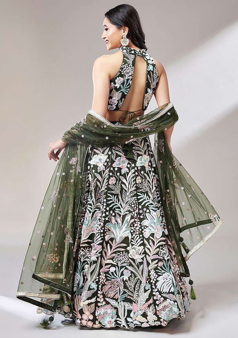 Green Net Lehenga Set with Embroidered & Sequin for Diwali | Wedding & Festive Wear - Indya