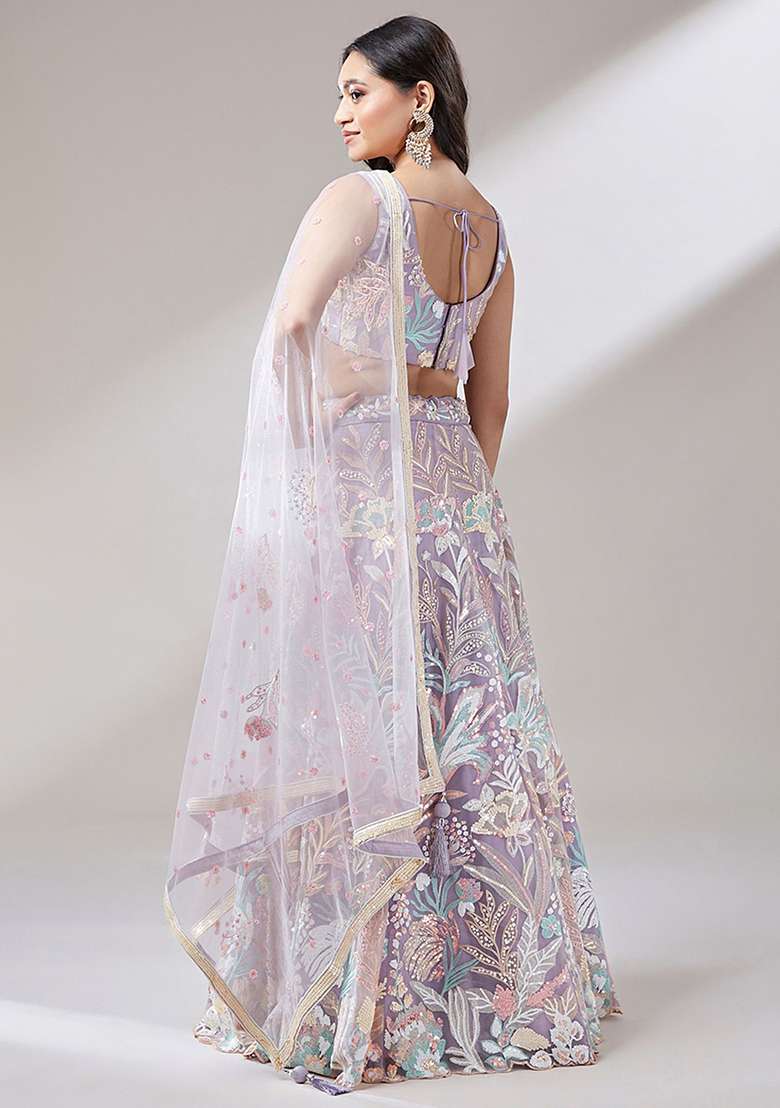 Lavender Net Lehenga Set with Embroidered & Sequin for Diwali | Wedding & Festive Wear - Indya