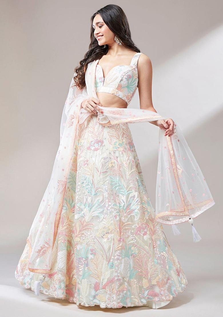 Off White Sequin Embroidered Net Lehenga Set