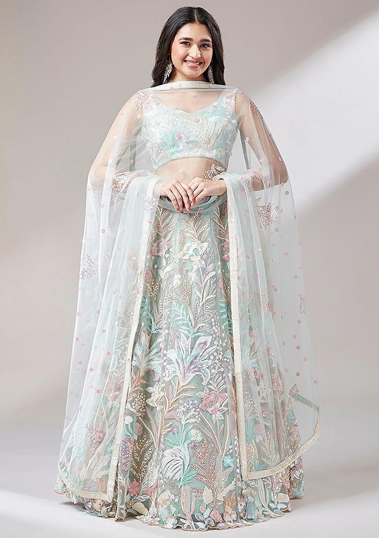 Green Sequin Embroidered Net Lehenga Set