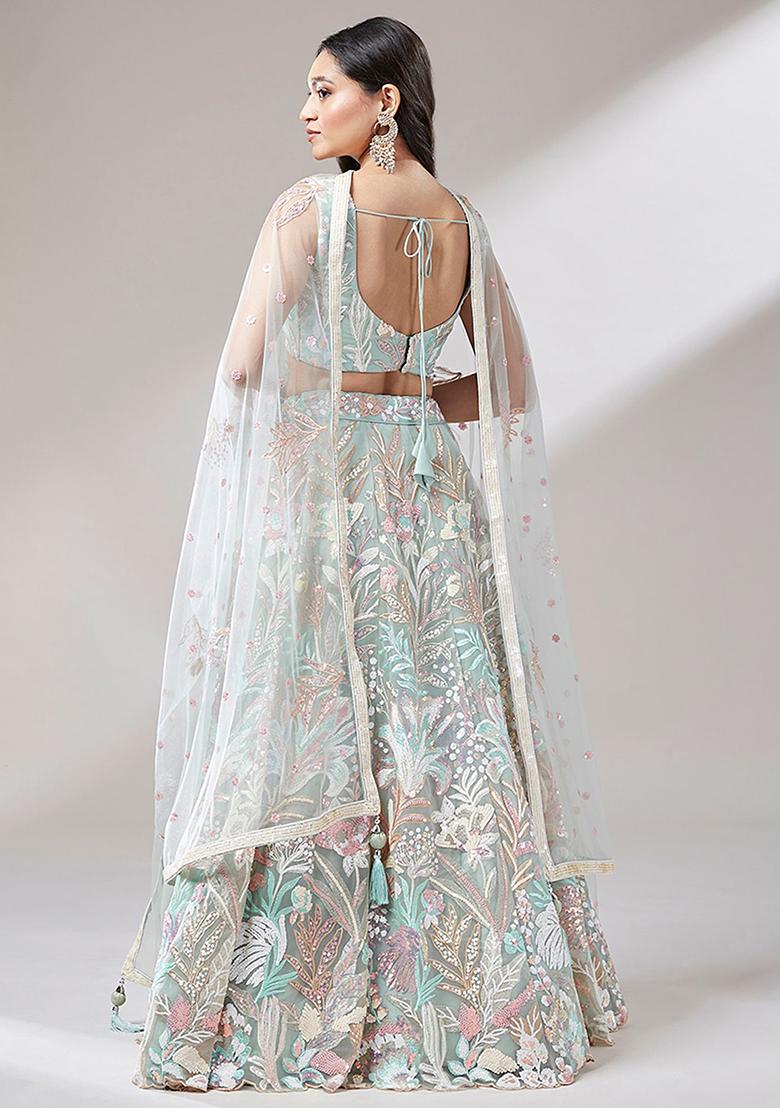 Green Sequin Embroidered Net Lehenga Set