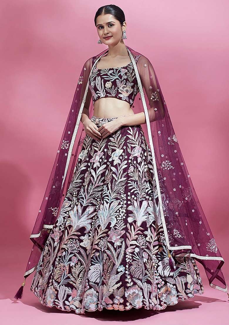 Wine Sequin Embroidered Net Lehenga Set for Diwali and Festive Wear - Indya