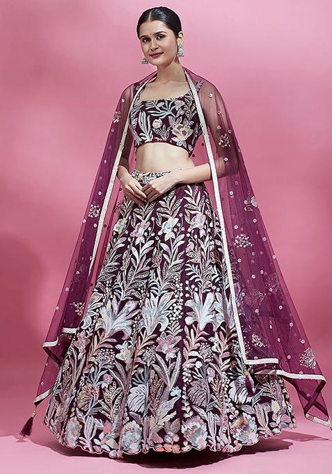 Wine Sequin Embroidered Net Lehenga Set