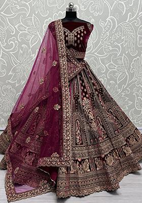 Maroon Embroidered Velvet Lehenga Set