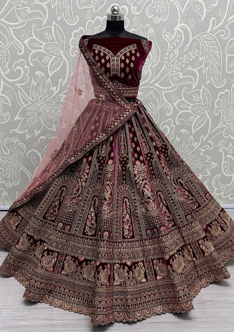 Maroon Embroidered Velvet Lehenga Set