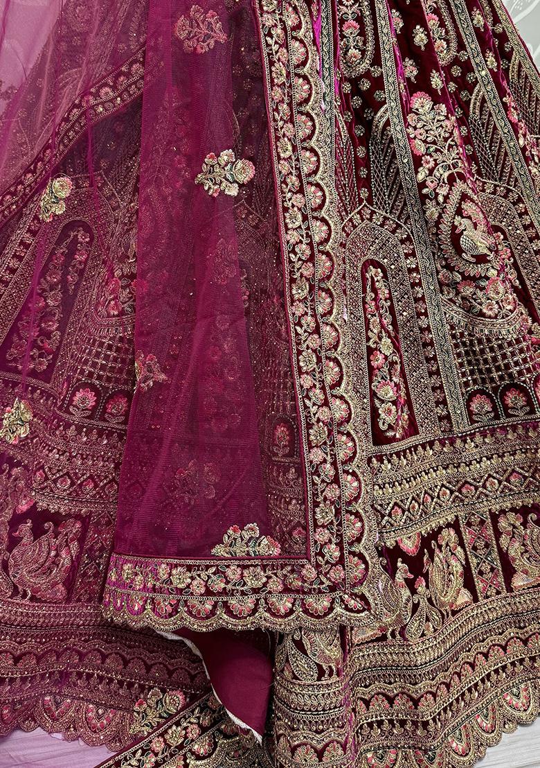 Maroon Embroidered Velvet Lehenga Set