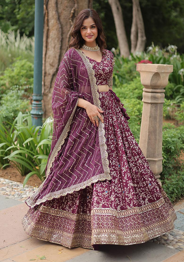 Purple Sequin Embroidered Jacquard Lehenga Set