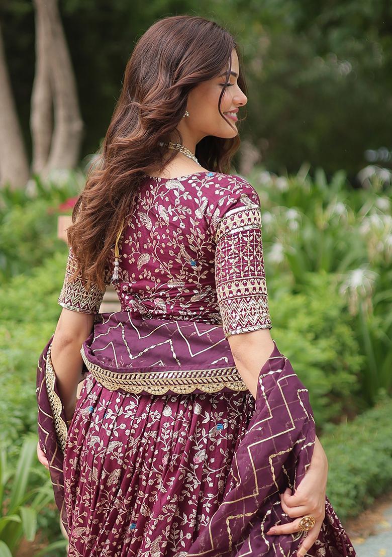 Purple Sequin Embroidered Jacquard Lehenga Set