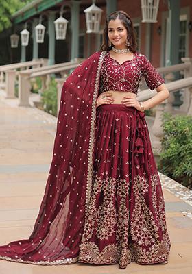 Maroon Embroidered Silk Lehenga Set