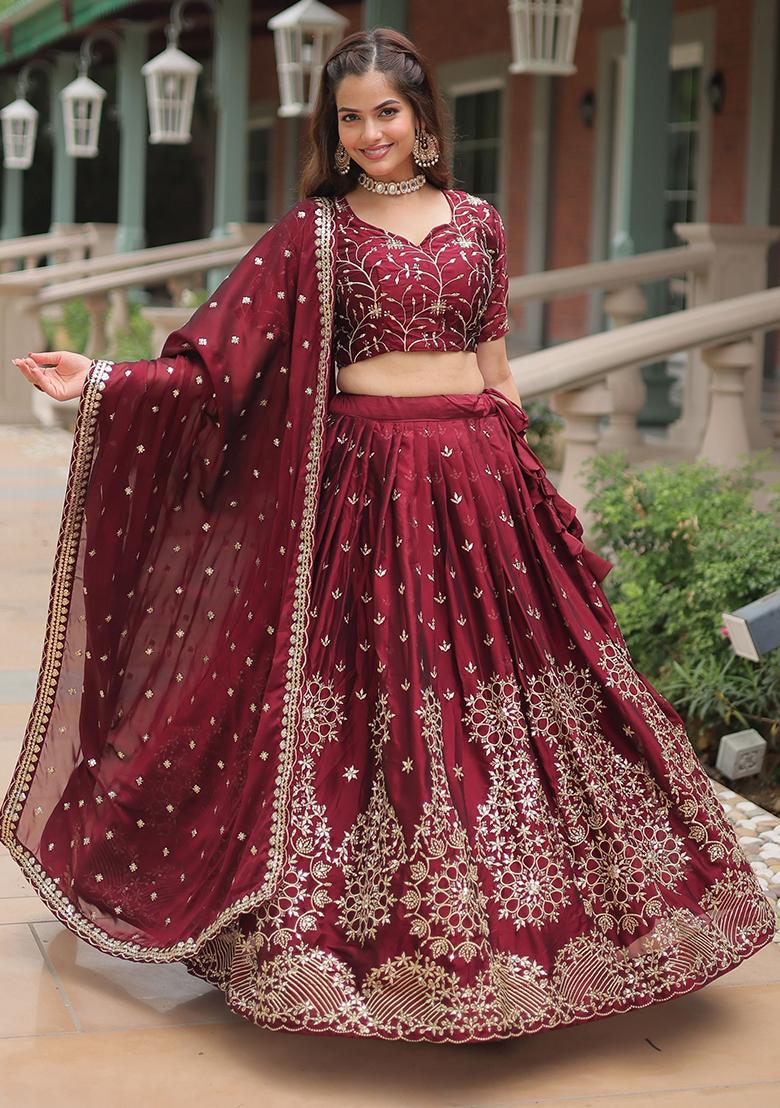 Maroon Embroidered Silk Lehenga Set