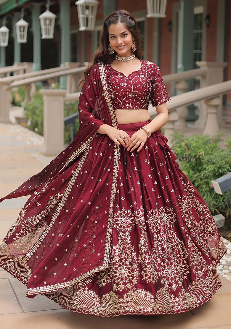 Maroon Embroidered Silk Lehenga Set