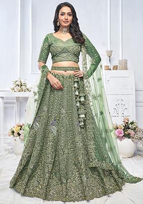 Green Embroidered Net Lehenga Set