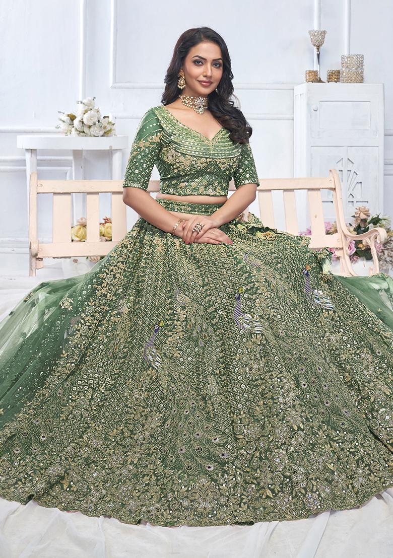 Green Embroidered Net Lehenga Set
