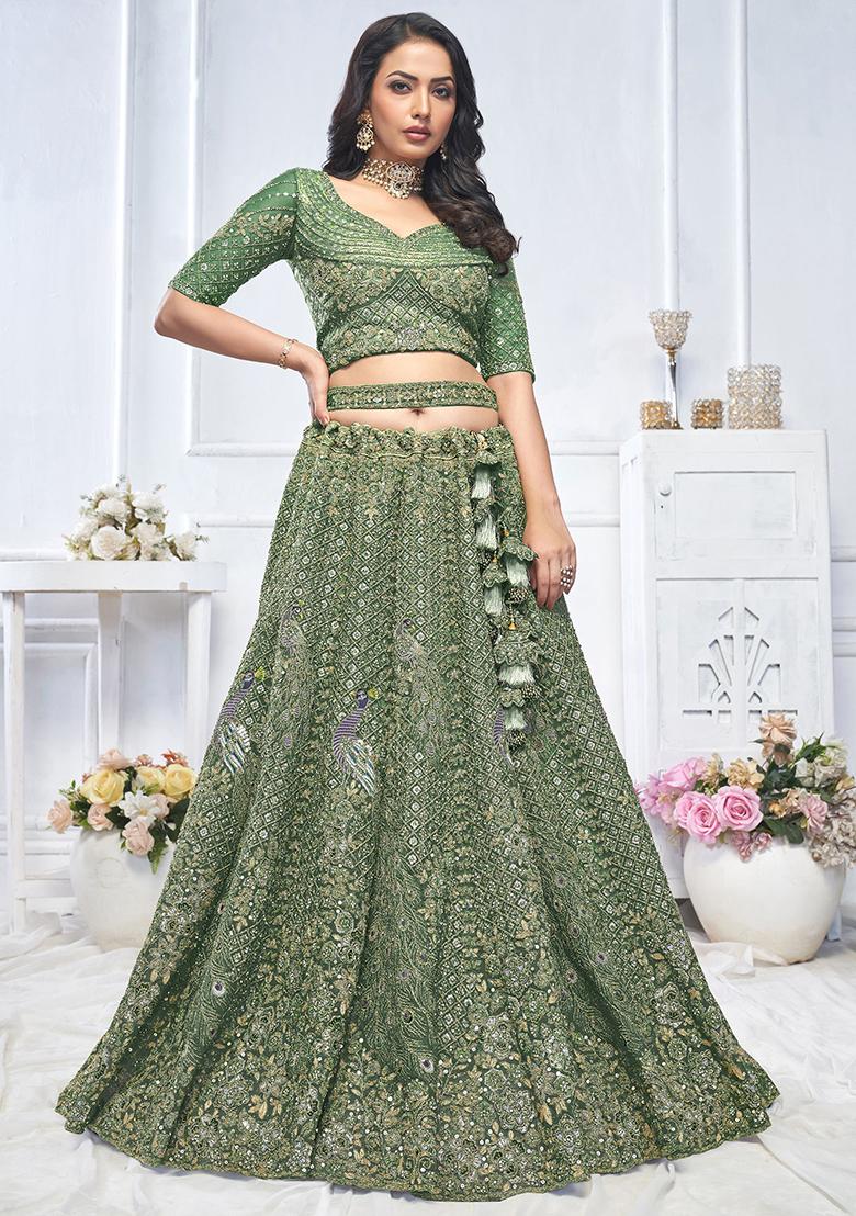 Green Embroidered Net Lehenga Set