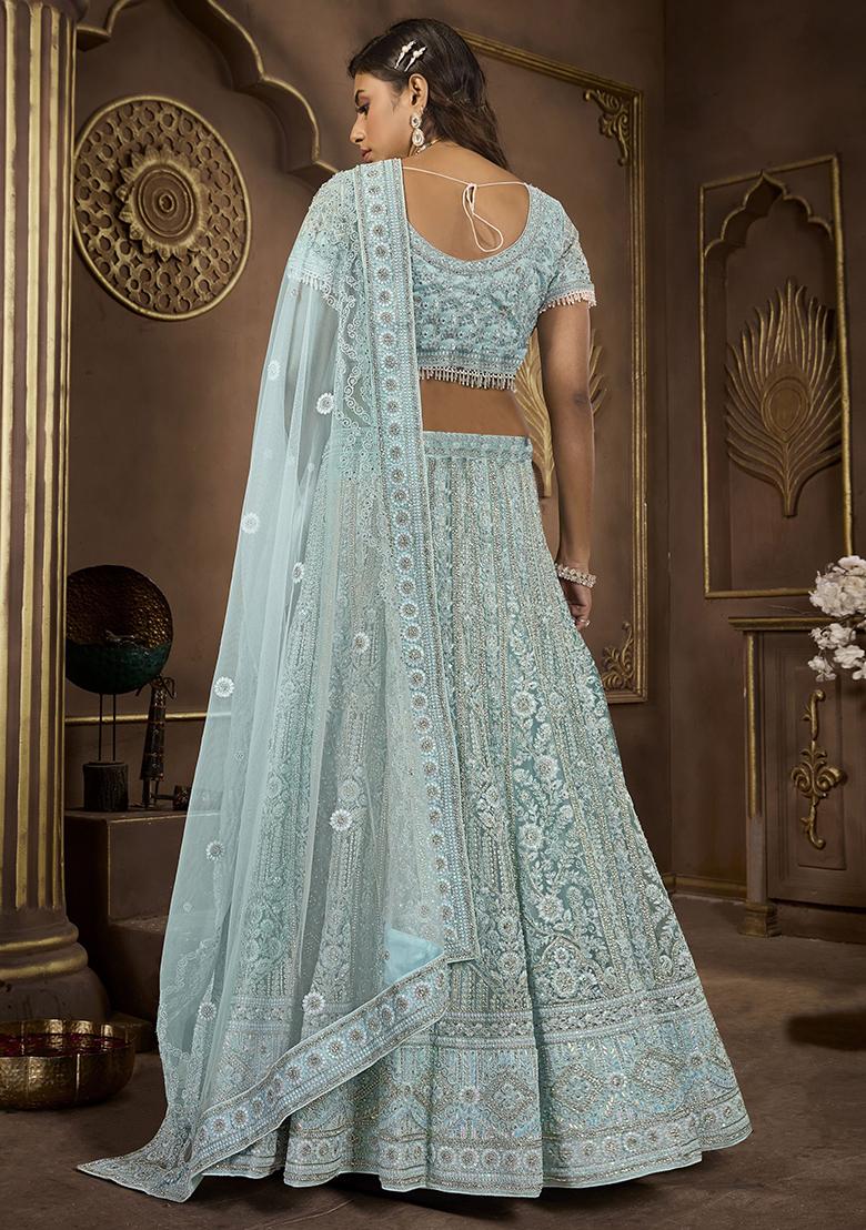 Sky Blue Embroidered Net Lehenga Set