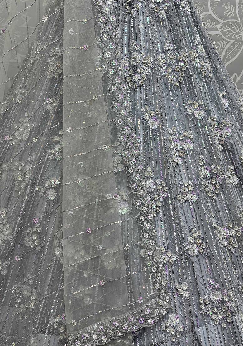 Grey Sequin Embroidered Net Lehenga Set