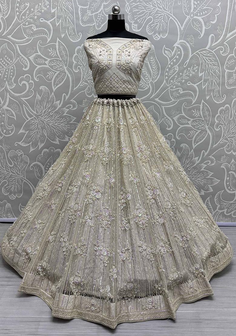 Off White Sequin Embroidered Net Lehenga Set
