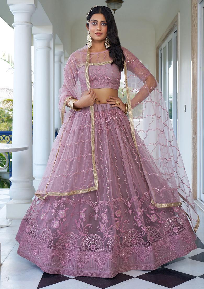 Purple Embroidered Net Lehenga Set