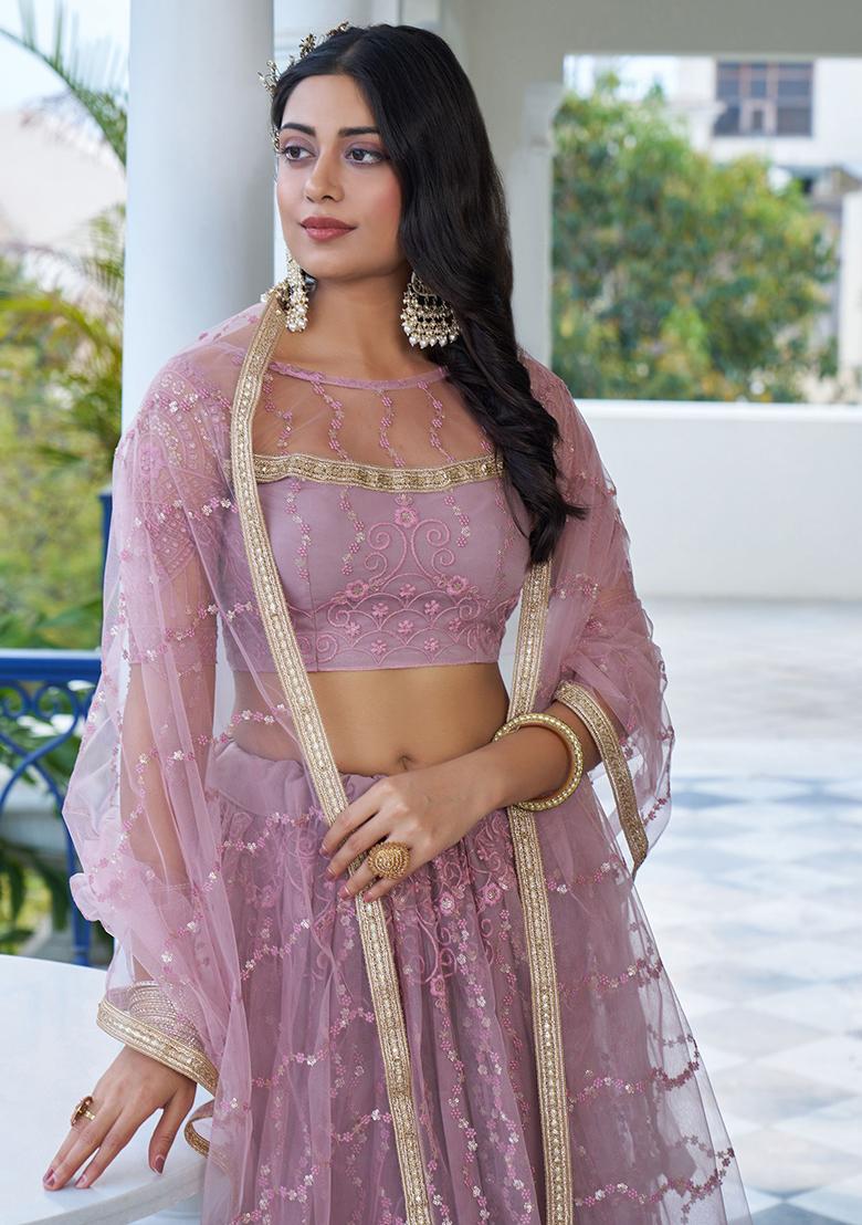 Purple Embroidered Net Lehenga Set
