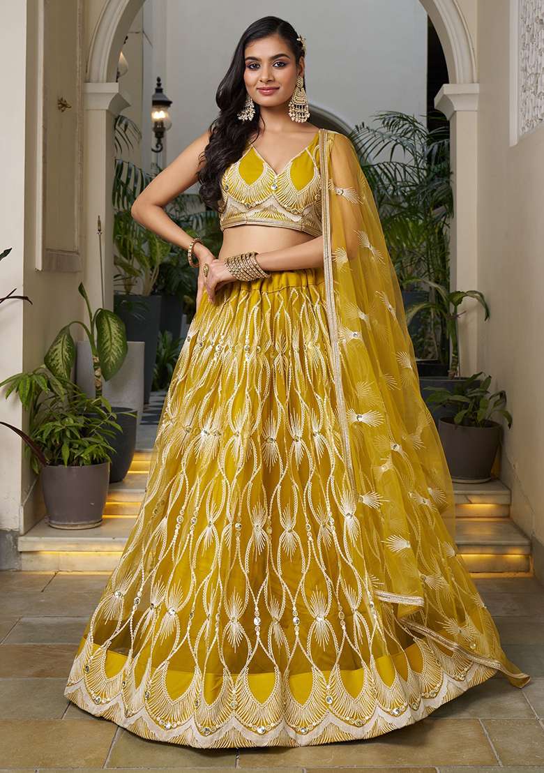 Yellow Embroidered Net Lehenga Set for Diwali and Festive Wear - Indya