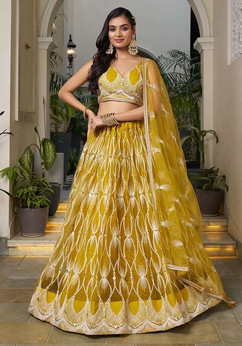 Yellow Embroidered Net Lehenga Set for Diwali and Festive Wear