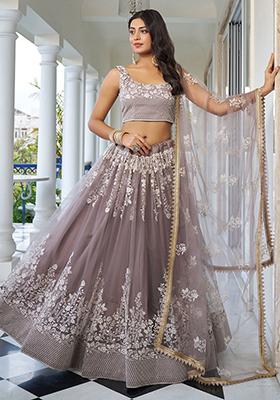 Brown Embroidered Net Lehenga Set