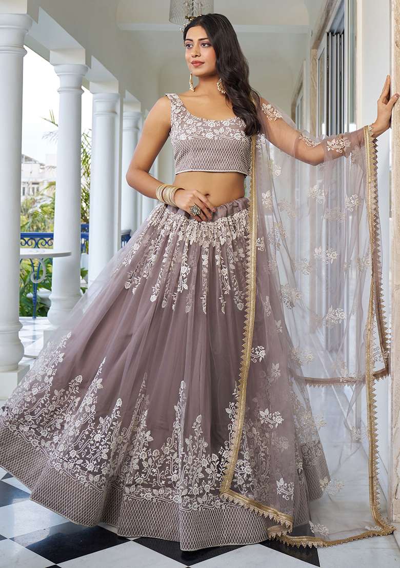 Brown Net Lehenga Set with Embroidered for Diwali | Wedding & Festive Wear - Indya