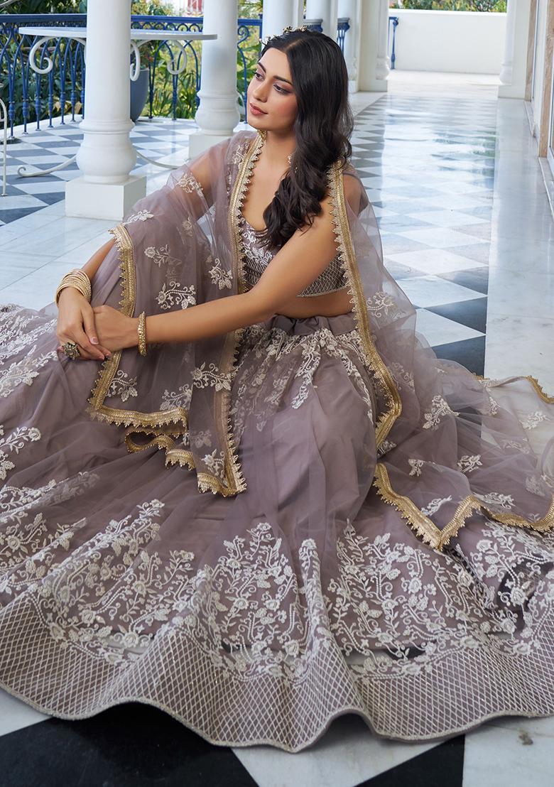 Brown Embroidered Net Lehenga Set