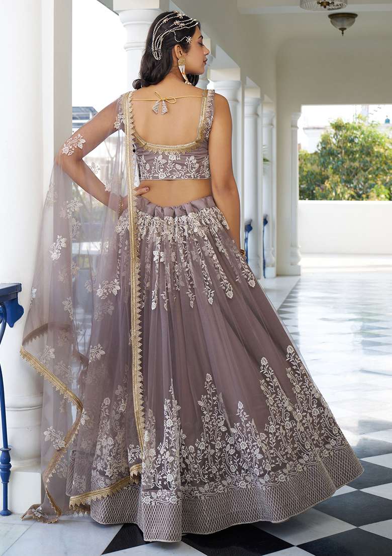 Brown Net Lehenga Set with Embroidered for Diwali | Wedding & Festive Wear - Indya