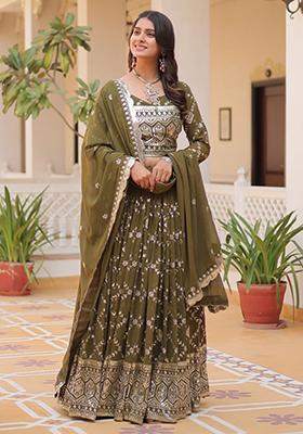 Green Embroidered Georgette Lehenga Set