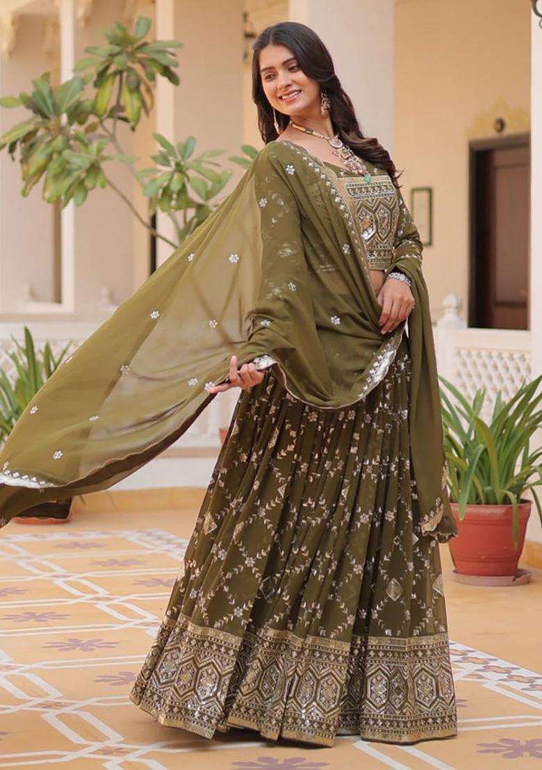Green Embroidered Georgette Lehenga Set