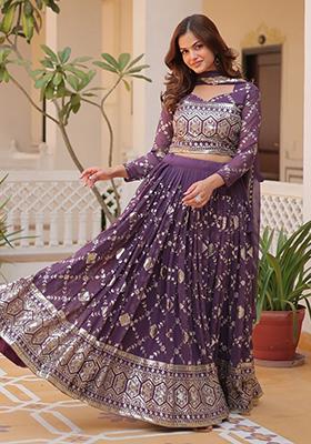 Purple Embroidered Georgette Lehenga Set