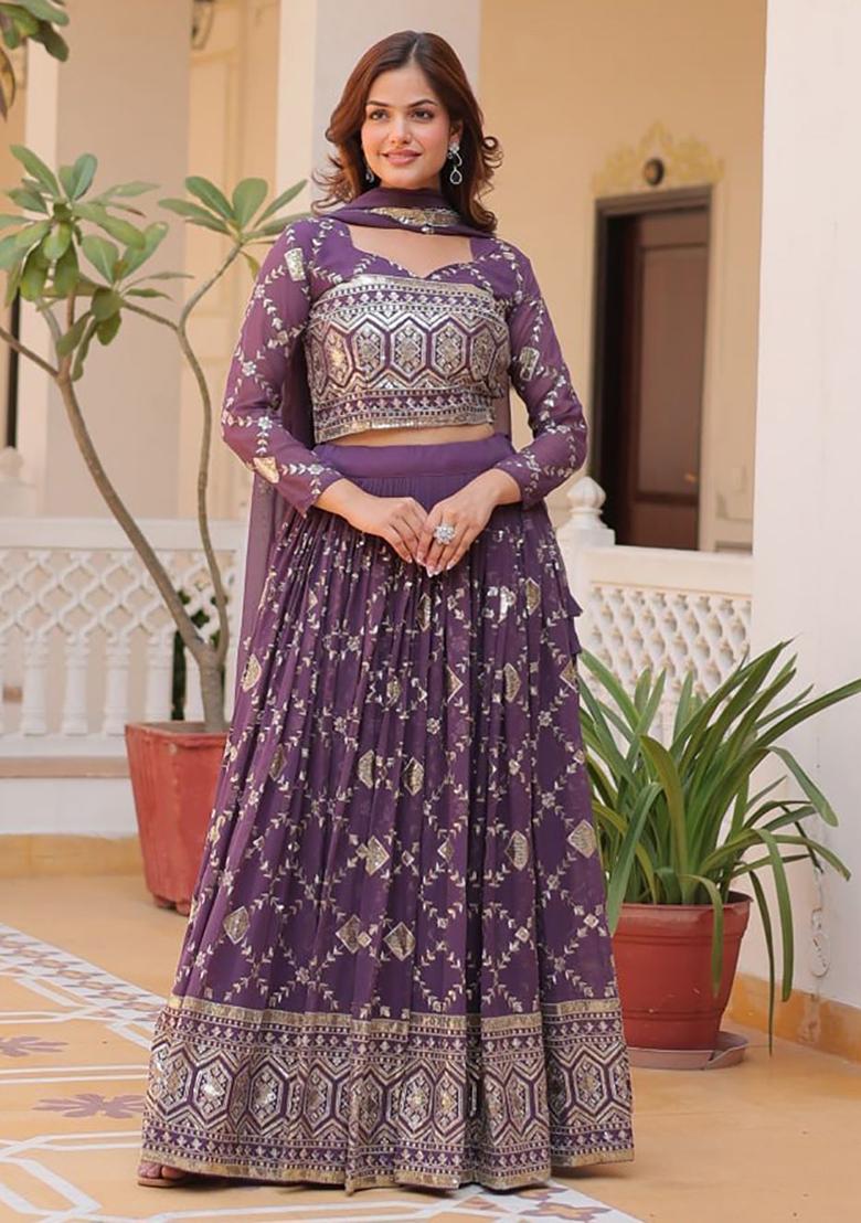 Purple Embroidered Georgette Lehenga Set