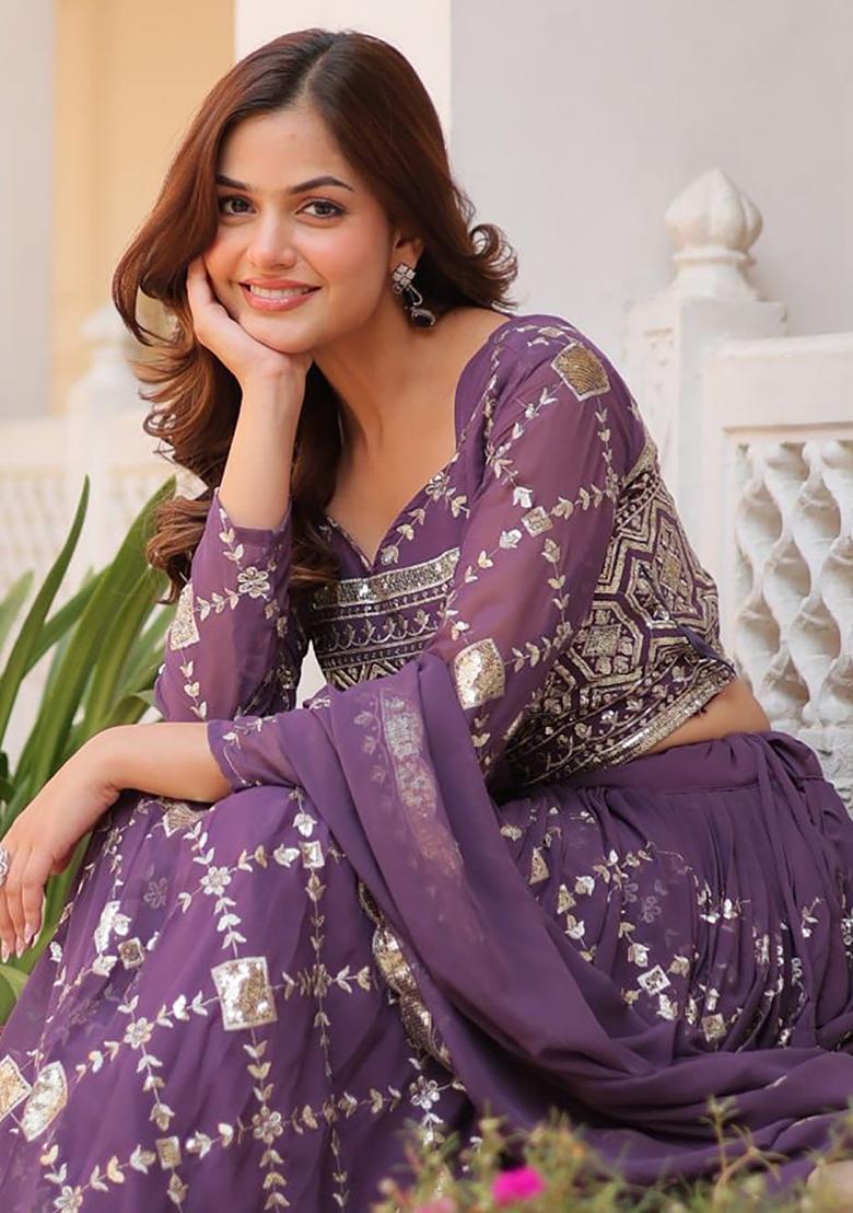 Purple Embroidered Georgette Lehenga Set