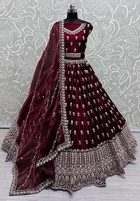 Maroon Embroidered Silk Lehenga Set