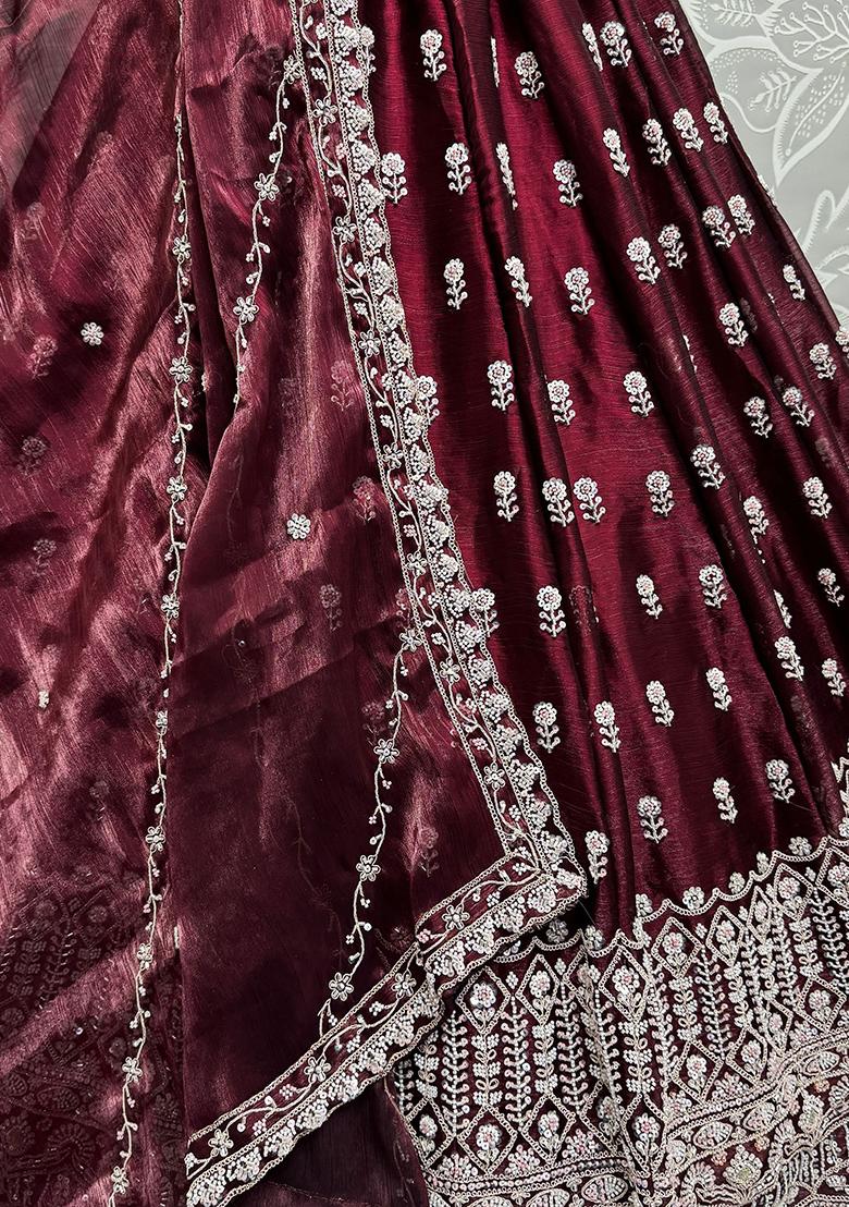 Maroon Embroidered Silk Lehenga Set