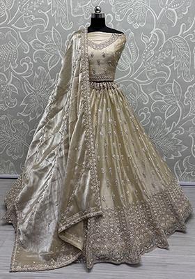 Cream Embroidered Silk Lehenga Set