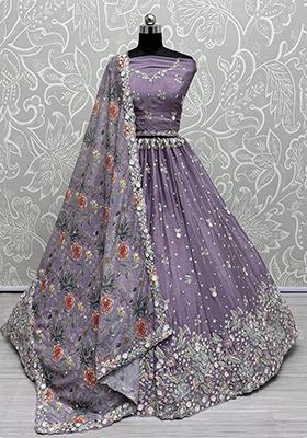 Purple Sequin Embroidered Chinon Lehenga Set