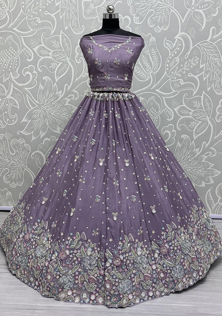 Purple Sequin Embroidered Chinon Lehenga Set
