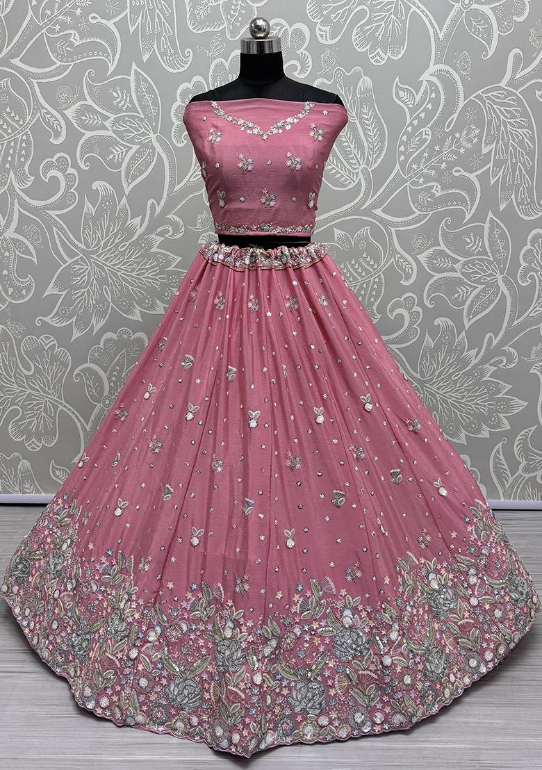 Pink Sequin Embroidered Chinon Lehenga Set