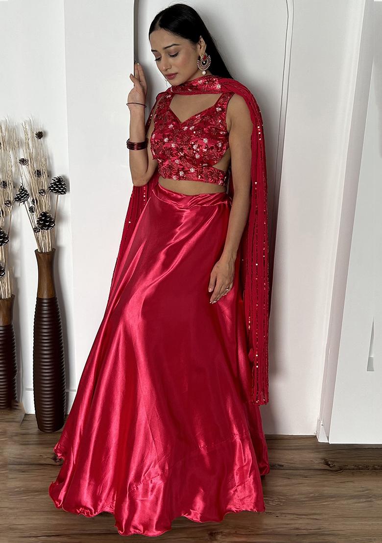 Pink Embroidered Satin Lehenga Set
