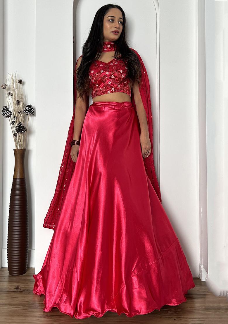 Pink Embroidered Satin Lehenga Set