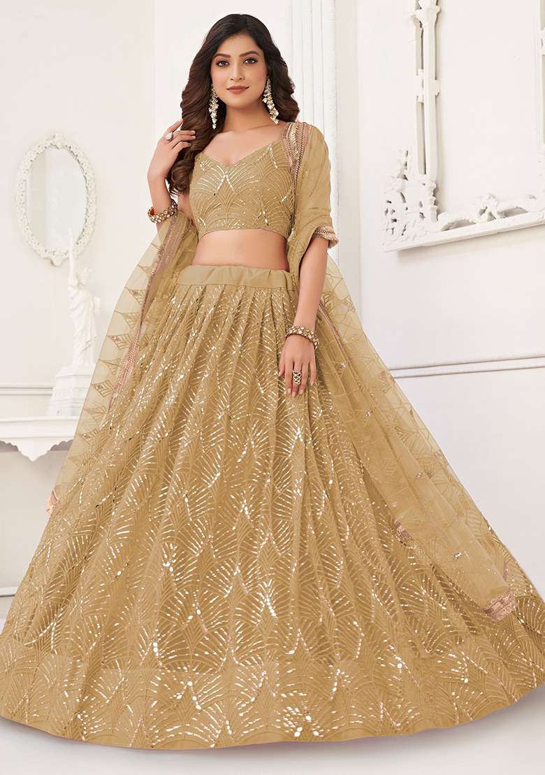 Brown Net Lehenga Set with Embroidered & Sequin for Diwali | Wedding & Festive Wear - Indya