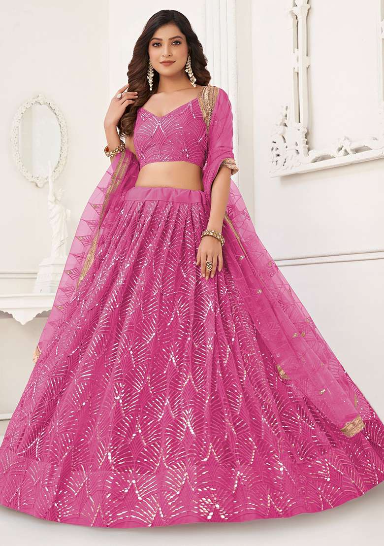 Pink Sequin Embroidered Net Lehenga Set - Indya