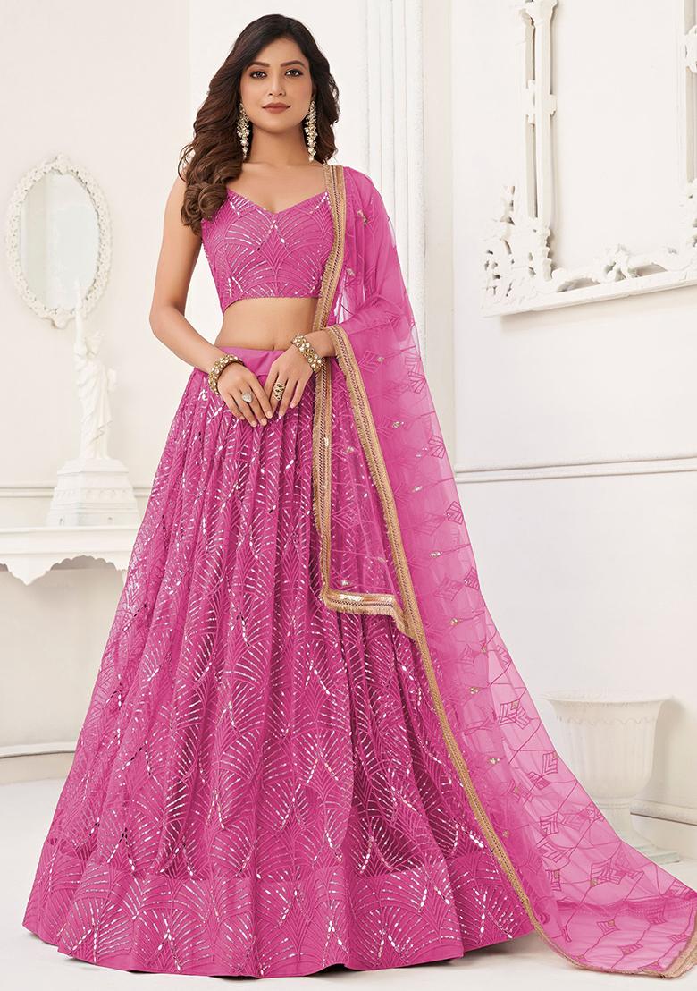 Pink Sequin Embroidered Net Lehenga Set